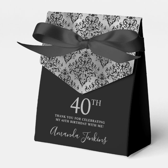 40th Birthday Silver Damask Thank You Favor Boxes (Front Side)