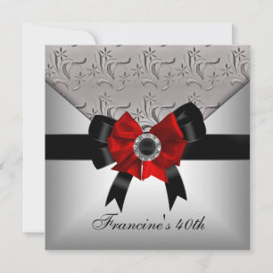 40th Birthday Silver Floral Black Red Bow Jewel Invitation