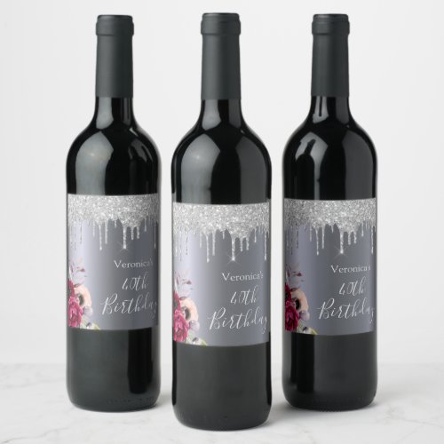 40th birthday silver glitter drips flowers wine label