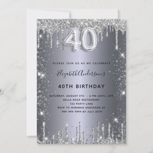 40th birthday silver glitter drips glamorous invitation