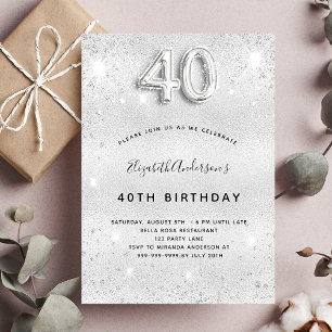 40th birthday silver glitter invitation