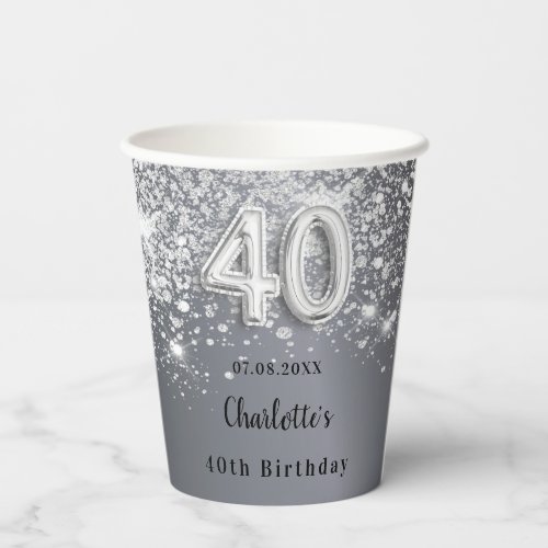 40th birthday silver glitter monogram paper cups
