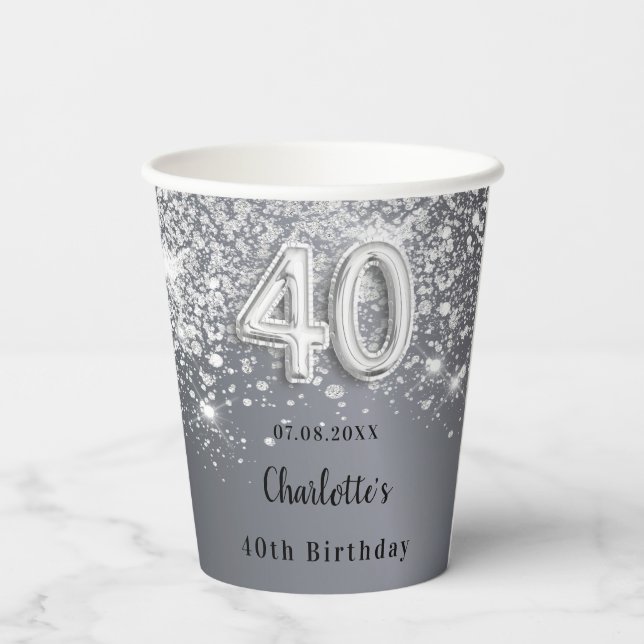 40th birthday silver glitter monogram paper cups (Back)