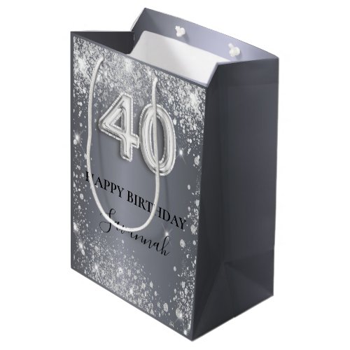 40th birthday silver glitter name medium gift bag