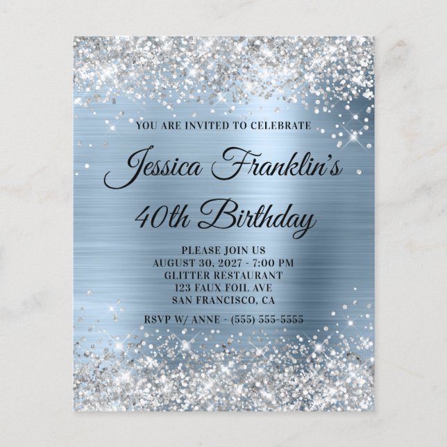40th Birthday Silver Glitter Pale Blue Invite Flyer (Front)