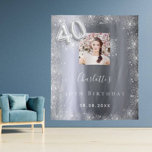 40th birthday silver glitter photo welcome tapestry