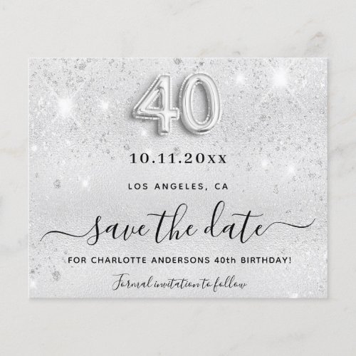 40th birthday silver glitter save the date flyer