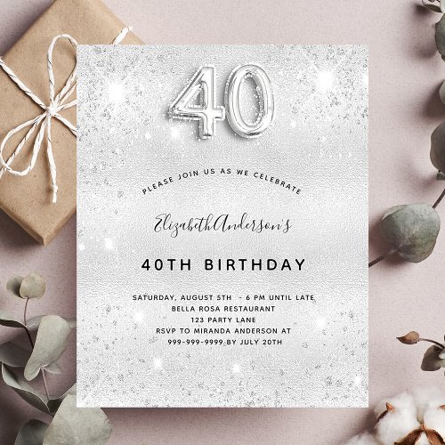 40th birthday silver glitter sparkle glamorous invitation postcard
