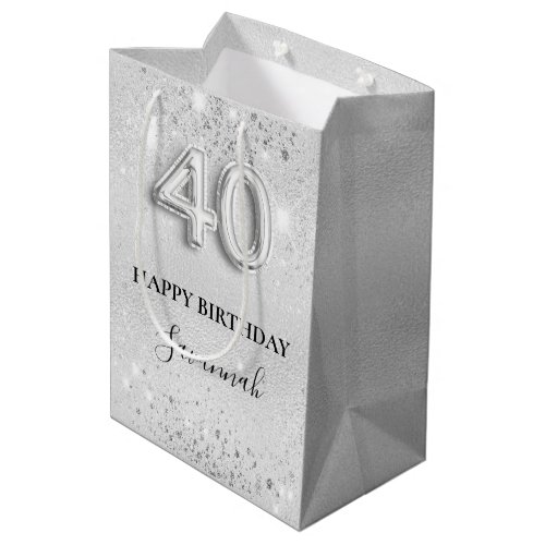 40th birthday silver glitter sparkles name medium gift bag