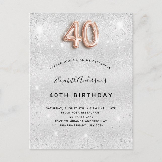 40th birthday silver gold glitter invitation postcard (Front)