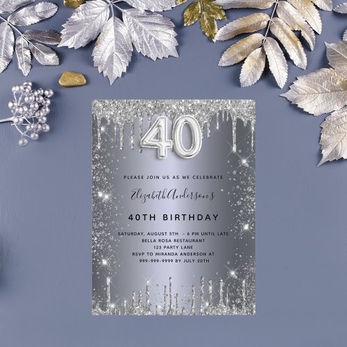 40th birthday silver metal glitter dust glam invitation postcard