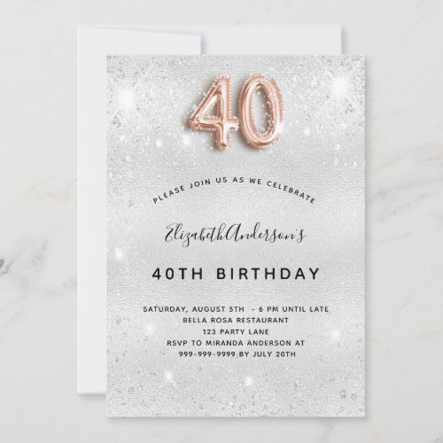 40th birthday silver metal rose gold glitter invitation