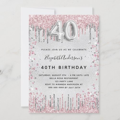 40th birthday silver pink metal glitter dust invitation