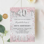 40th birthday silver pink metal glitter dust invitation<br><div class="desc">A modern,  stylish and glamorous invitation for a 40th birthday party.  A faux silver looking background,  decorated with pink and faux silver glitter dust.    Personalize and add your name nad party details.  Number 40 is written with a balloon style font,  script.</div>