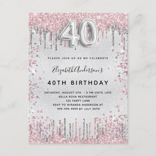 40th birthday silver pink metal glitter dust invitation postcard