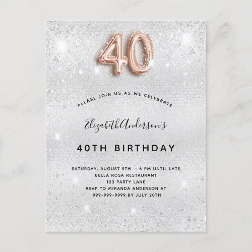 40th birthday silver rose gold glitter invitation postcard