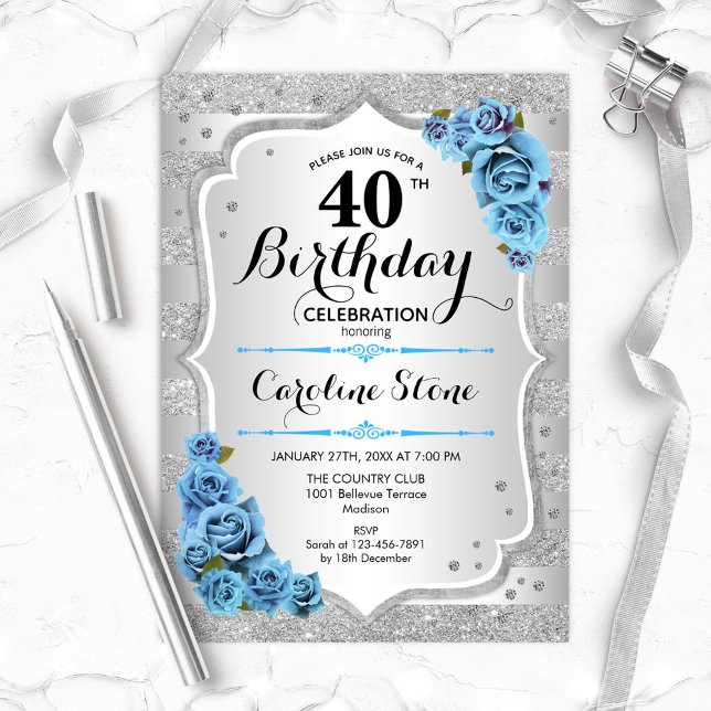 40th Birthday - Silver Stripes Icy Blue Roses Invitation (Creator Uploaded)