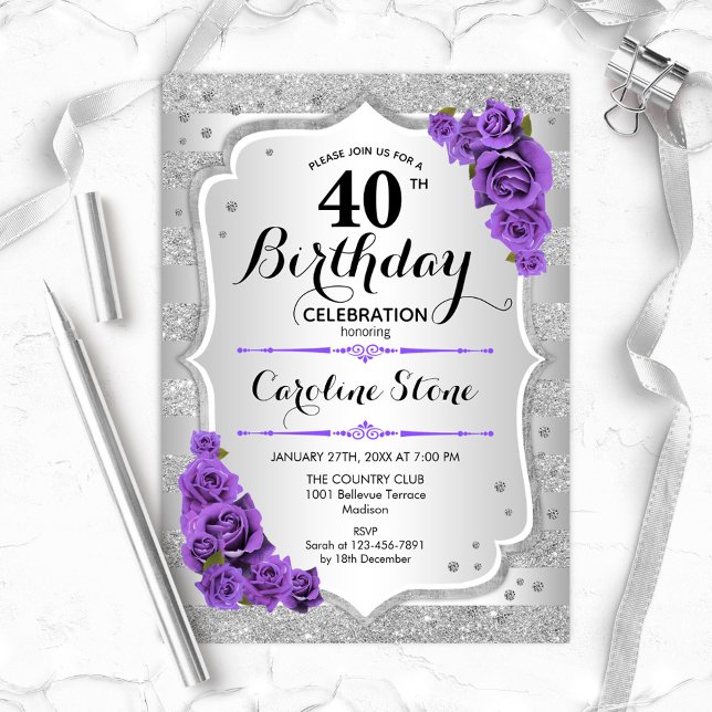 40th Birthday - Silver Stripes Purple Roses Invitation (Creator Uploaded)