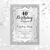 40th Birthday - Silver Stripes White Roses Invitation