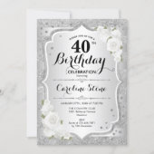 40th Birthday - Silver Stripes White Roses Invitation (Front)