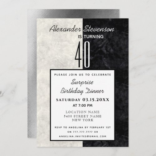 40th Birthday Simple Black and White Marble Invitation