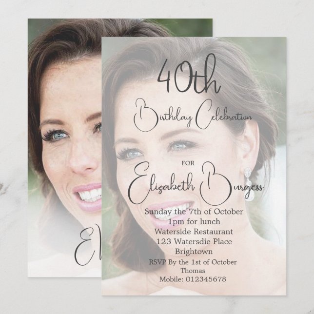 40th Birthday Simple Elegant Photo Invitation (Front/Back)