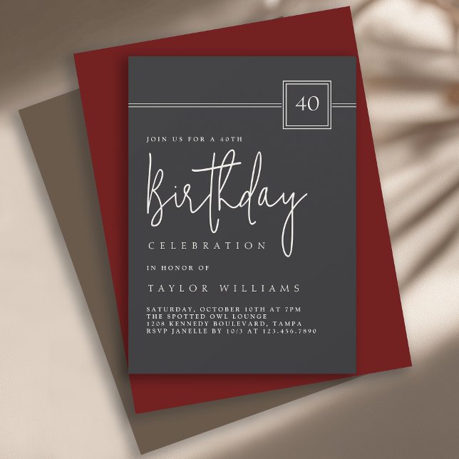 40th Birthday Simple Minimalist Flat Black  Invitation (Available in both printed and instant download digital formats.)