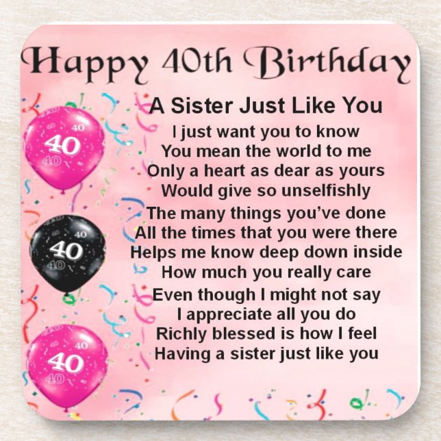 40th Birthday - Sister Poem Coaster (Front)