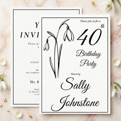 40th Birthday Snowdrop Floral Black And White Invitation