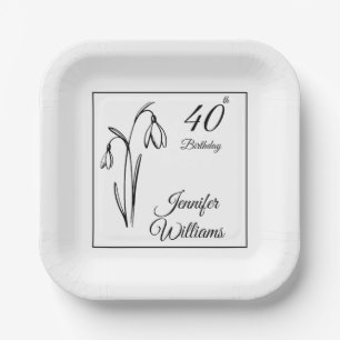 40th Birthday Snowdrop Floral Black And White Paper Plates