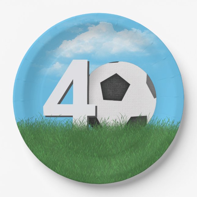 40th Birthday Soccer Ball In Green Grass Paper Plates (Front)
