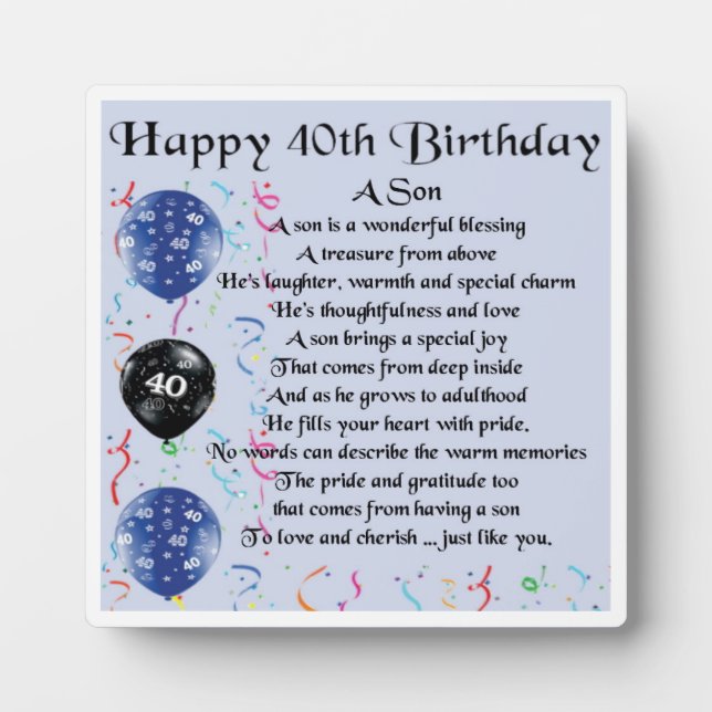 40th  Birthday Son Poem Plaque (Front)