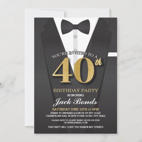 40th Birthday Spy Suit Black tie Gold Invitation