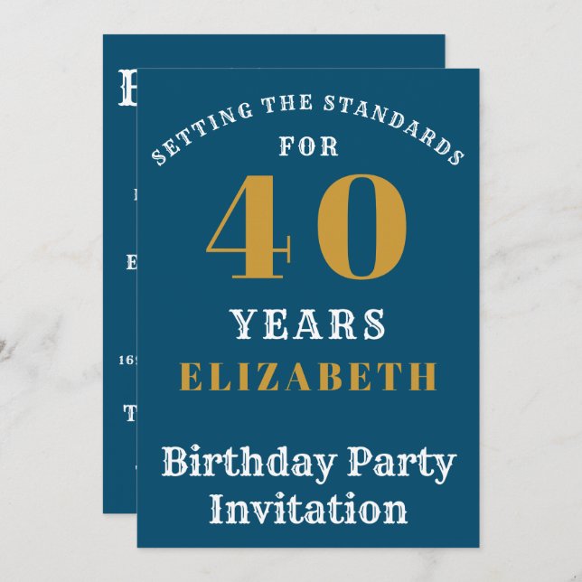 40th Birthday Standards Blue Gold Add Your Name Invitation (Front/Back)