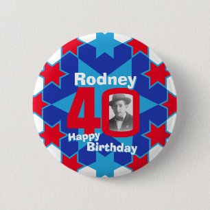 40th Birthday stars custom photo and name red blue Button