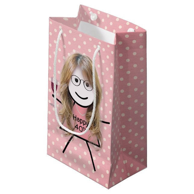40th Birthday Stick Girl On Polka Dots Small Gift Bag (Front Angled)