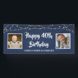 40th Birthday String Lights Name Blue Banner<br><div class="desc">Celebrate a 40th birthday and welcome party guests with this editable blue banner sign with string lights and personalized with two photos HAPPY 40TH BIRTHDAY NAME. EDITABLE COLOR: The blue background color and text fonts and color can be changed to coordinate with your party color scheme by clicking on the...</div>