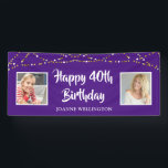 40th Birthday String Lights Photo Purple Banner<br><div class="desc">Celebrate a 40th birthday and welcome party guests with this editable purple banner sign with a border of gold and white string lights and personalized with your custom text in an editable handwritten brush script text in white. CHANGES: The purple background color and text font style, color, size and placement...</div>