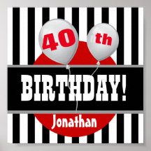 40th Birthday Stripes and Balloon BLACK RED A05A