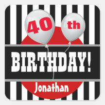 40th Birthday Stripes and Balloons BLACK RED A04