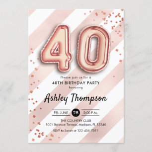 40th Birthday - Stripes Rose Gold Balloons Invitation
