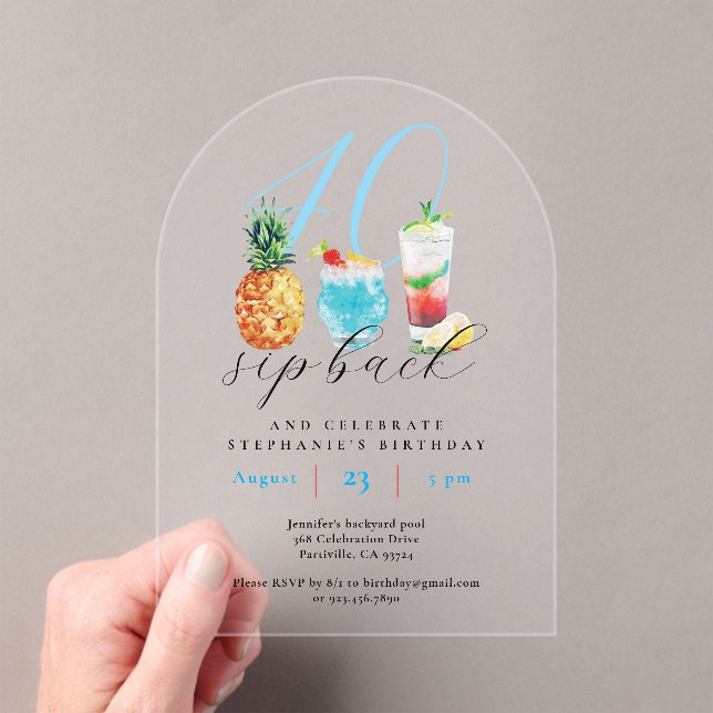 40th Birthday Summer Blue Fruit Cocktails Party  Acrylic Invitations (Insitu (Handheld))