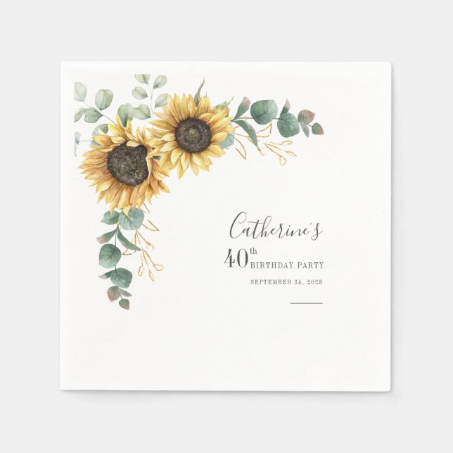 40th Birthday Sunflower Eucalyptus Floral Paper Napkins (Front)
