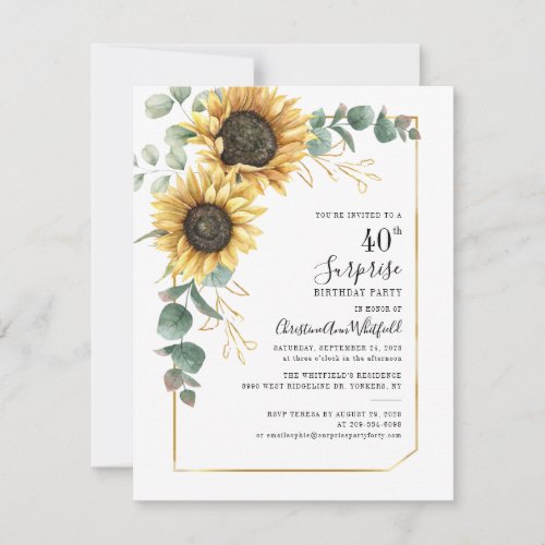 40th Birthday Sunflower Greenery Surprise Party Invitation