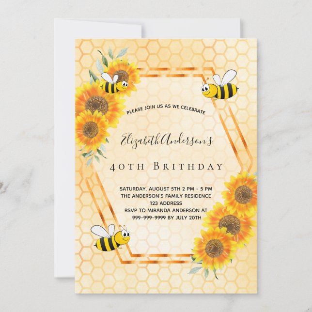 40th birthday sunflowers yellow summer rustic invitation (Front)