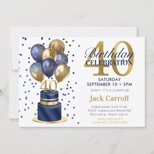 40th Birthday Surprise Navy Blue Cake Invitation