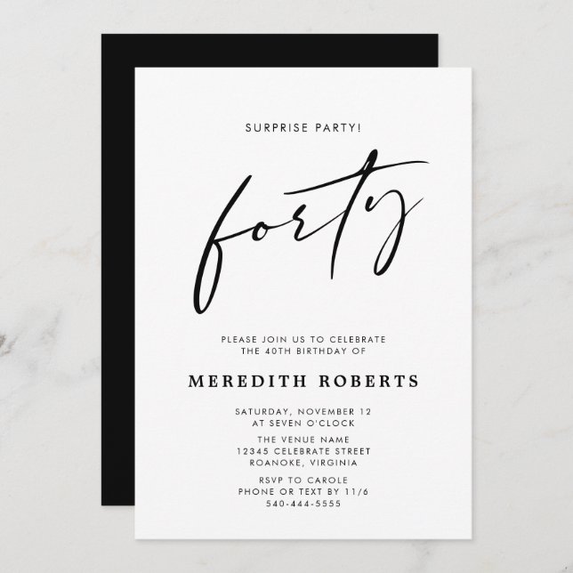 40th Birthday Surprise Party Chic Modern Script  Invitation (Front/Back)