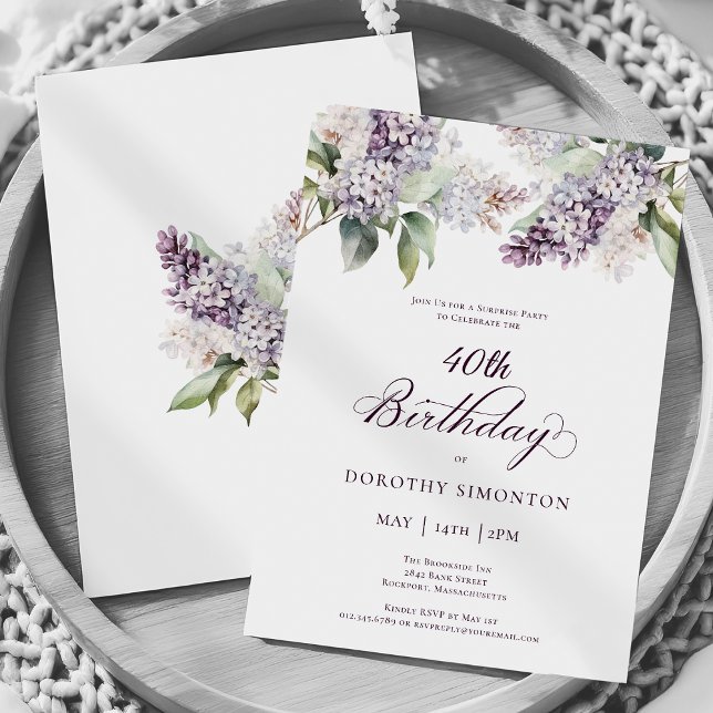 40th Birthday Surprise Party Purple Lilac Flower Invitation (Creator Uploaded)