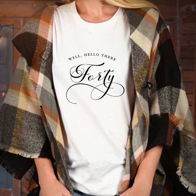 40th Birthday Swirly Calligraphy Women's T-Shirt (Elegant Swirly Calligraphy 40th Birthday T-Shirt with Well, Hello There Forty Quote)