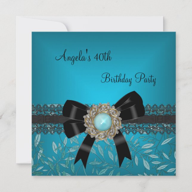 40th Birthday Teal Blue Floral Black Bow Jewel Invitation (Front)